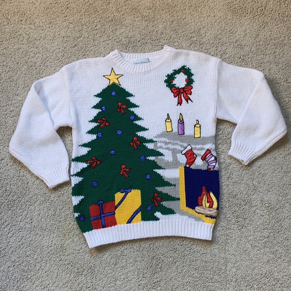 Jessica Roberts Christmas‎ Sweater White Ivory M Christmas Tree Knitted Vintage